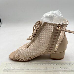 Beige Comfy Mesh Lace Up Low Chunky Heels Open Toe Side Zipper Women Sandal